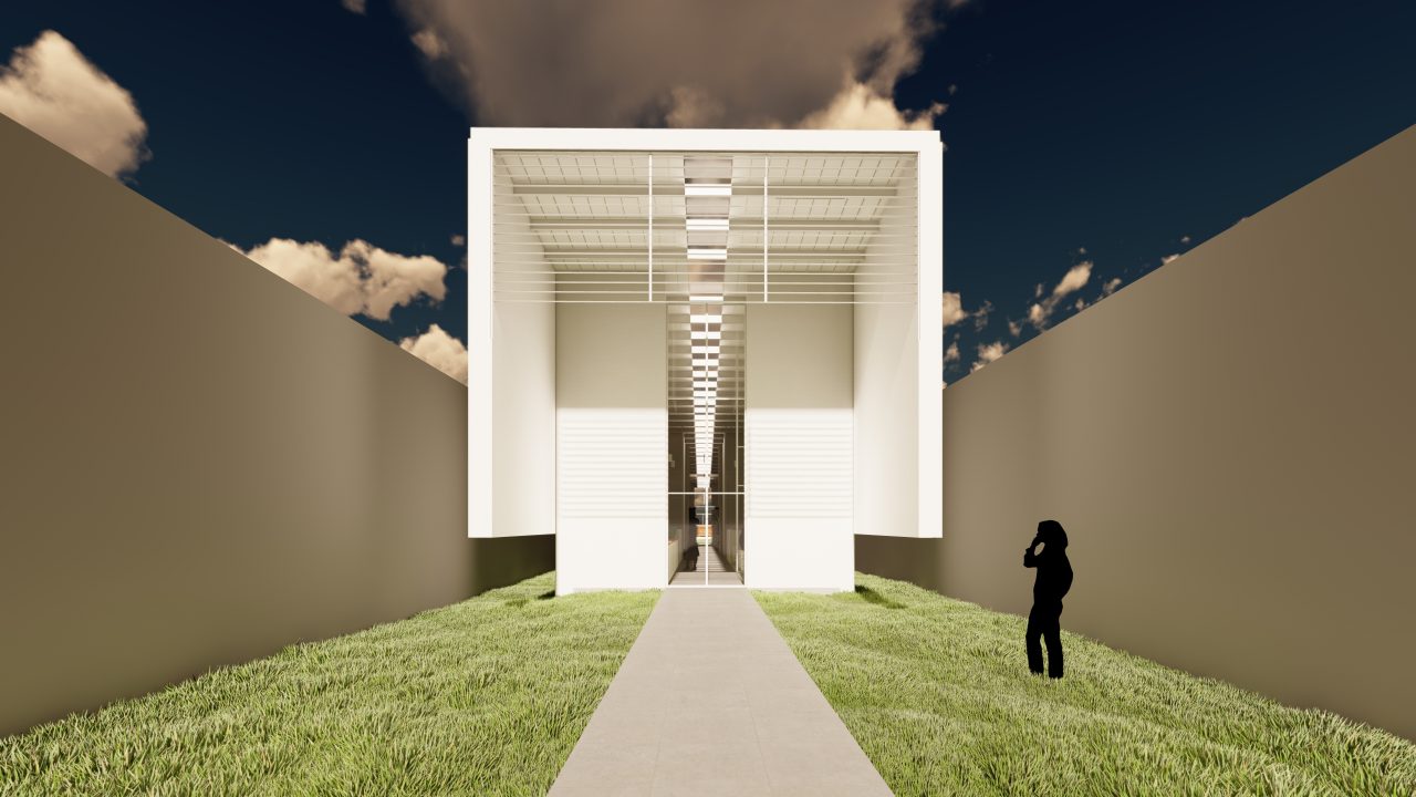 Capilla de Velación Santa Rosa con volumen ascendente, jardines y pasillo central iluminado.