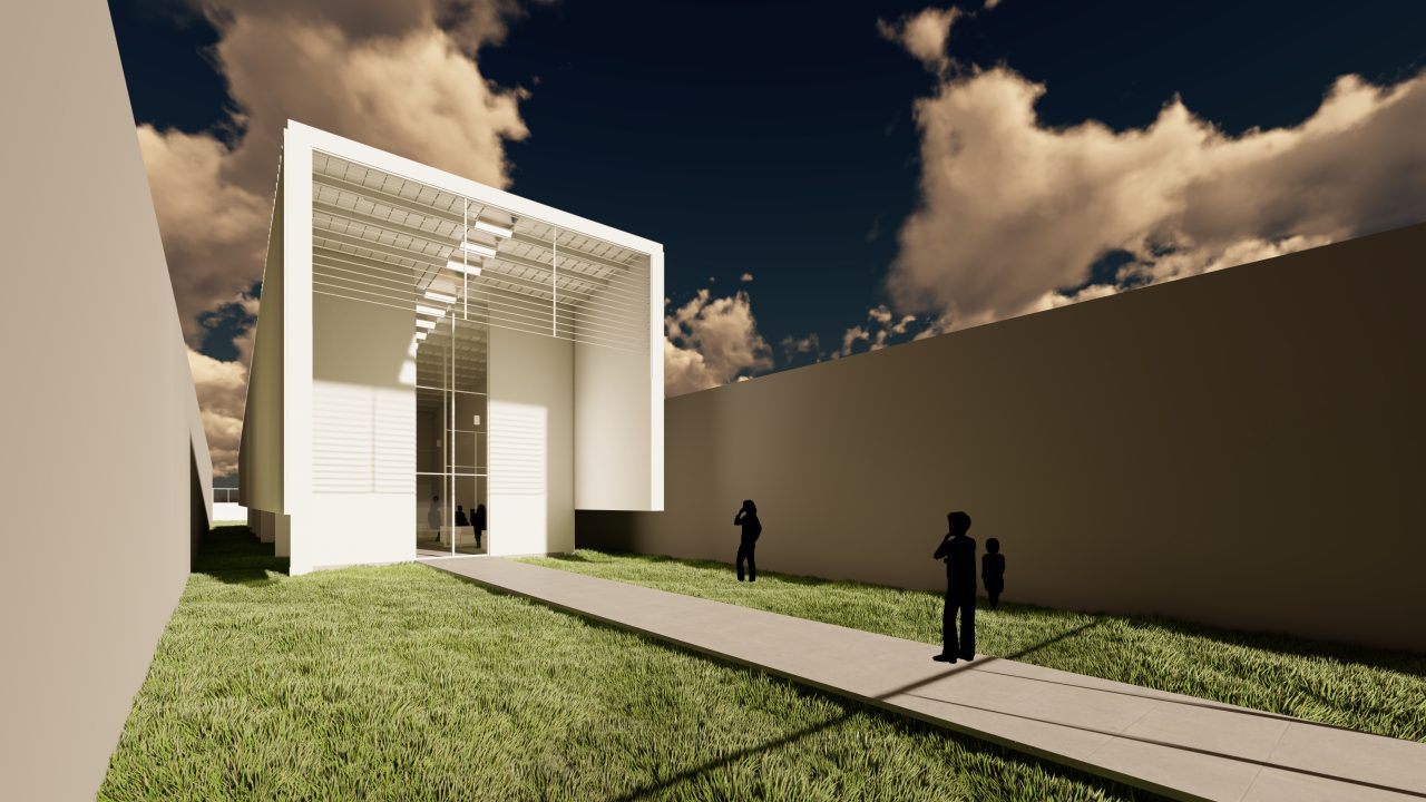 Capilla de Velación Santa Rosa con volumen ascendente, jardines y pasillo central iluminado.