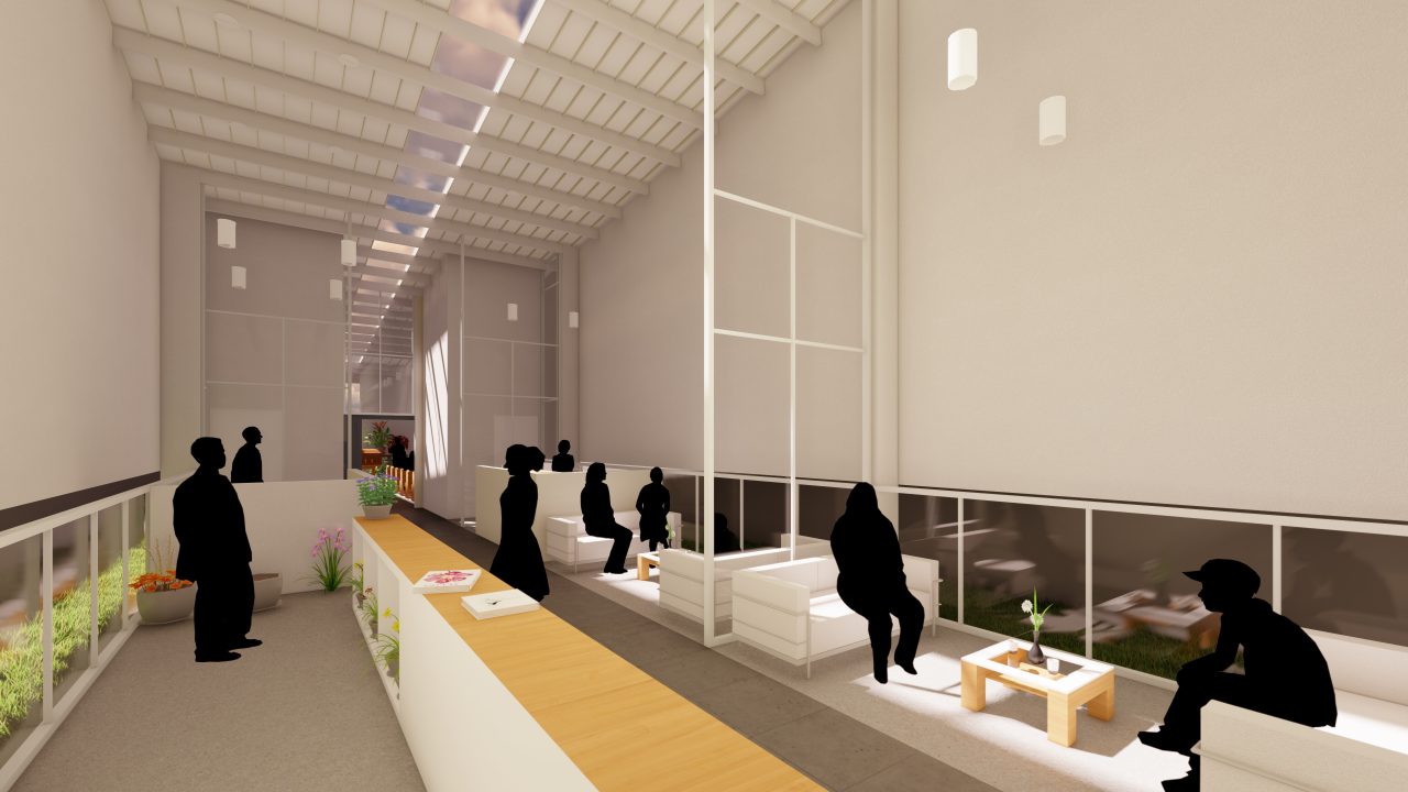 Capilla de Velación Santa Rosa con volumen ascendente, jardines y pasillo central iluminado.