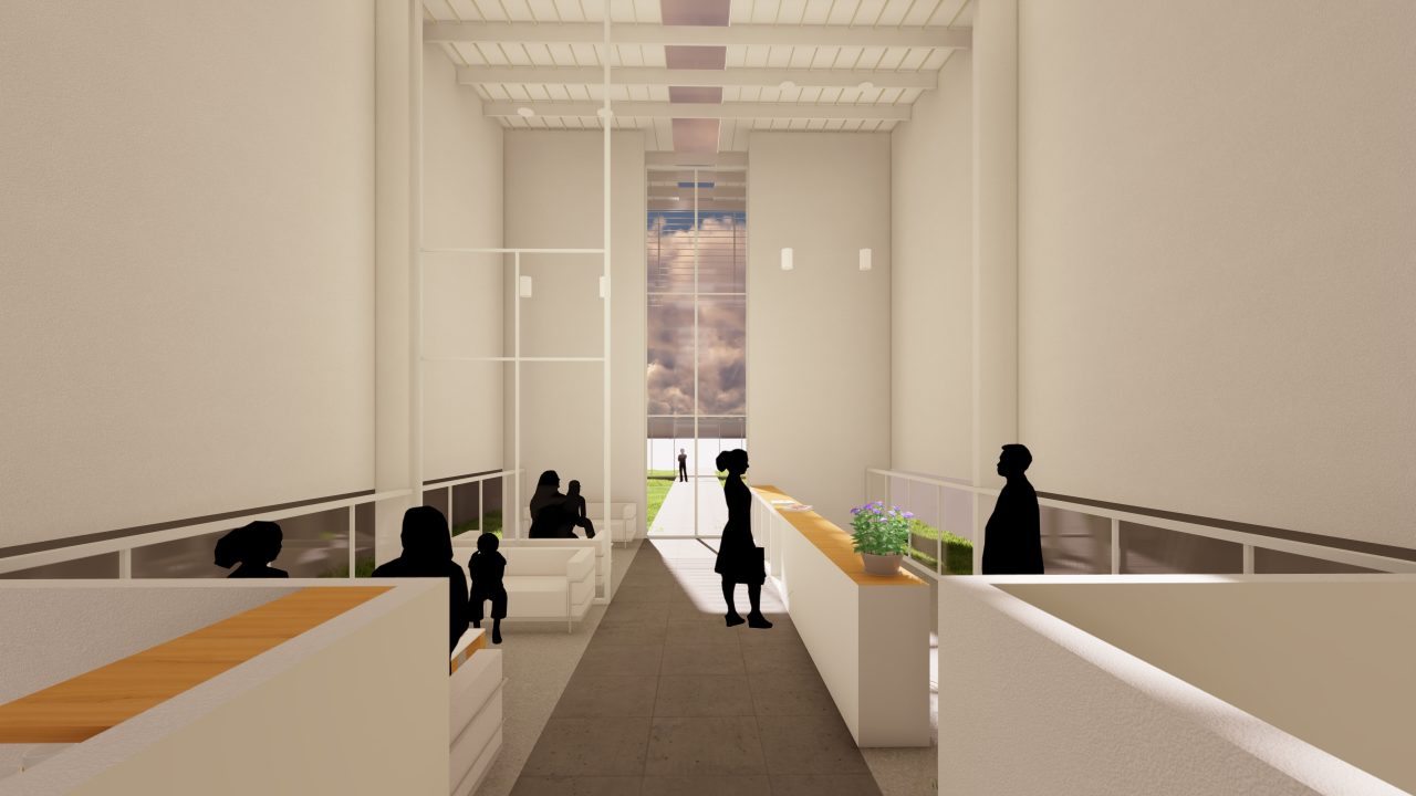 Capilla de Velación Santa Rosa con volumen ascendente, jardines y pasillo central iluminado.