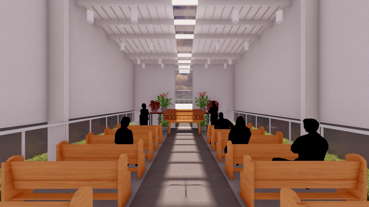 Capilla de Velación Santa Rosa con volumen ascendente, jardines y pasillo central iluminado.