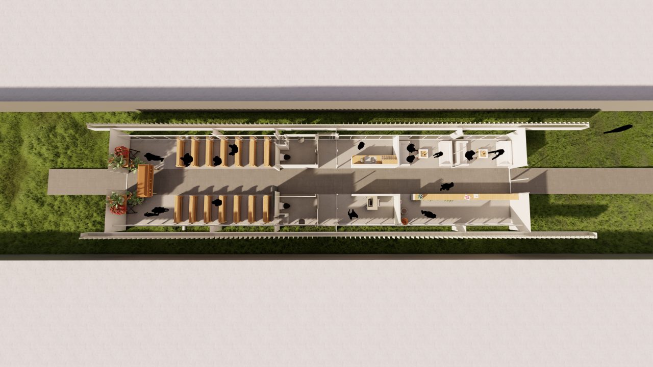 Capilla de Velación Santa Rosa con volumen ascendente, jardines y pasillo central iluminado.