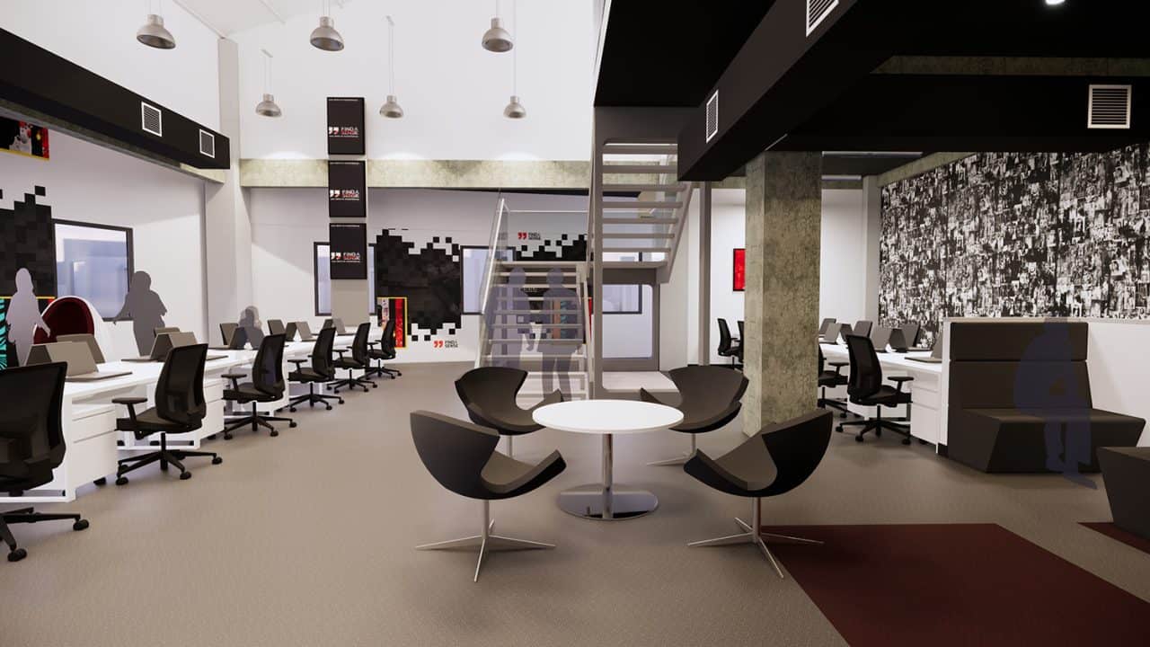 Interior de las oficinas Findasense, con espacios abiertos, salas informales y auditorio multifuncional para colaboración.