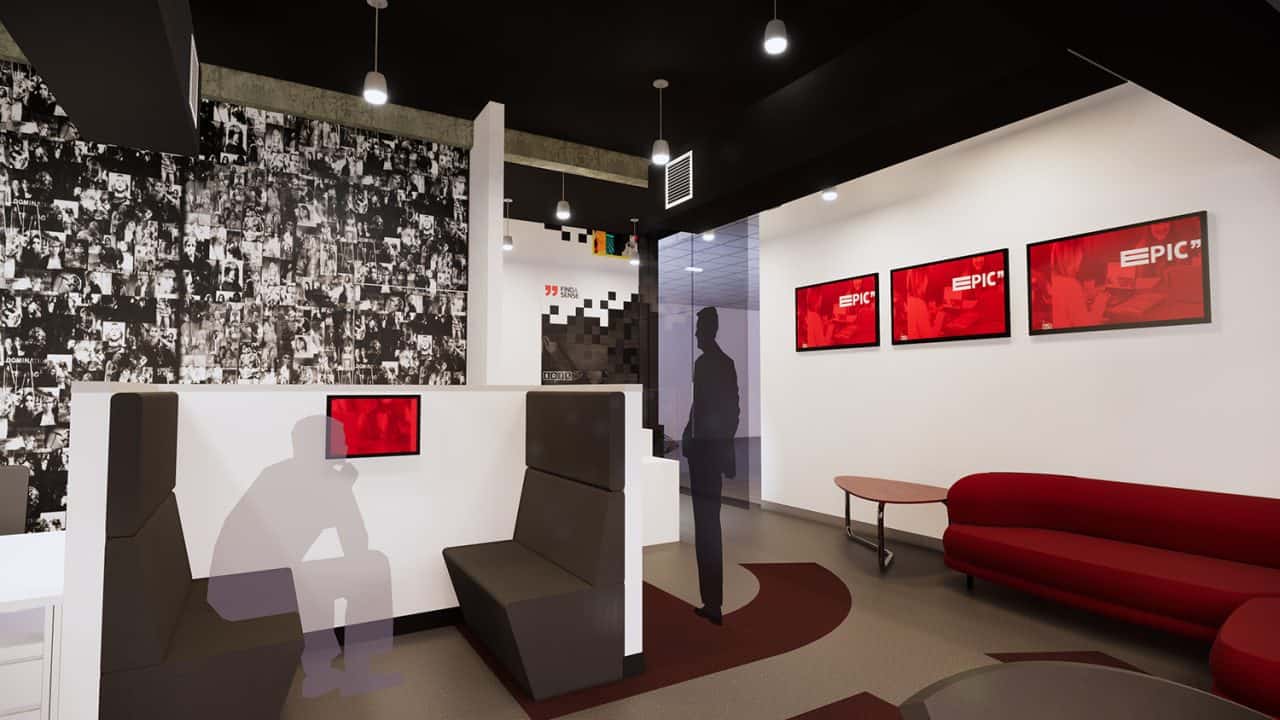 Interior de las oficinas Findasense, con espacios abiertos, salas informales y auditorio multifuncional para colaboración.