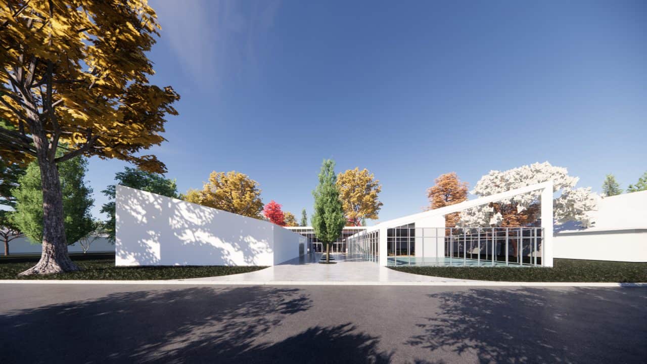 Fachada y patios interiores de la Biblioteca Leo Falicov en Bariloche.