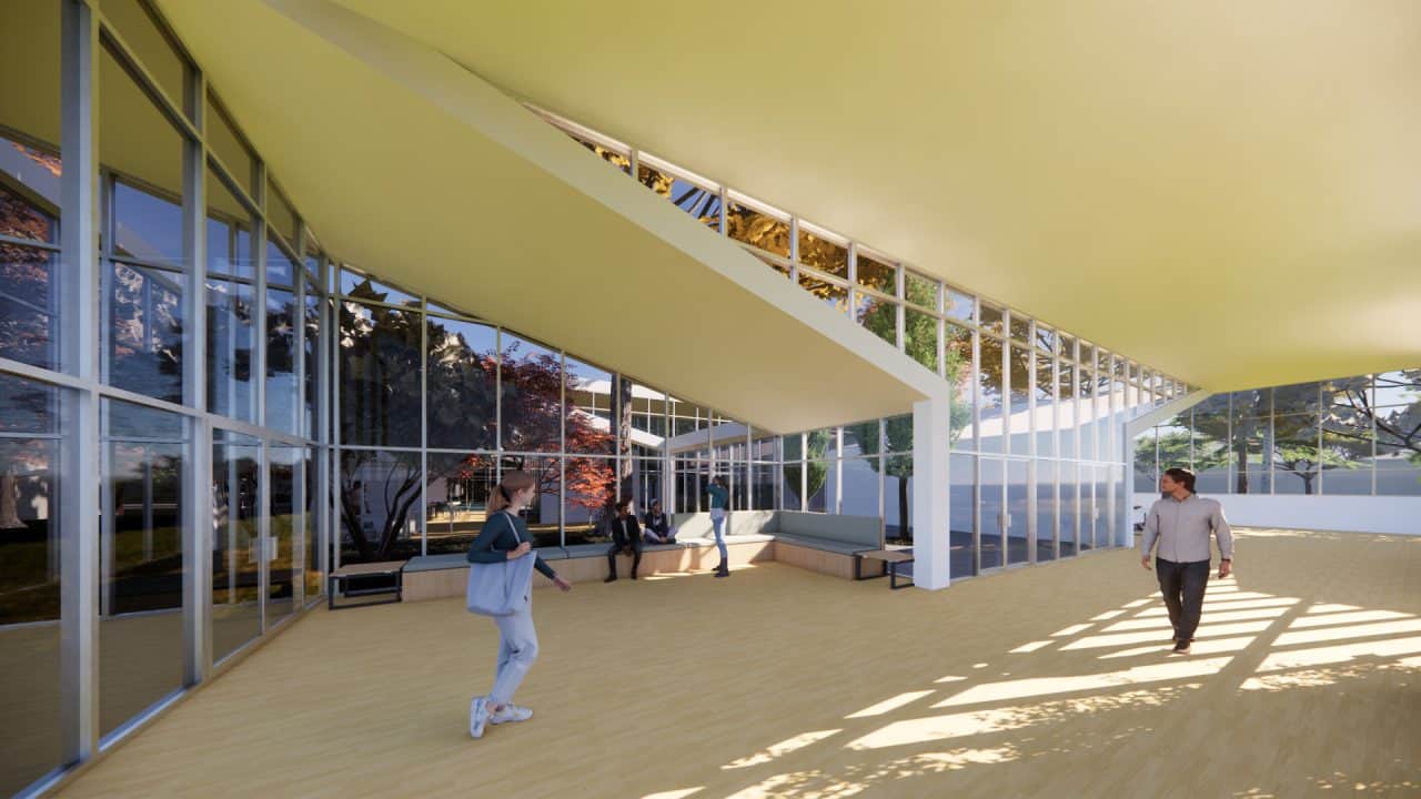 Fachada y patios interiores de la Biblioteca Leo Falicov en Bariloche.