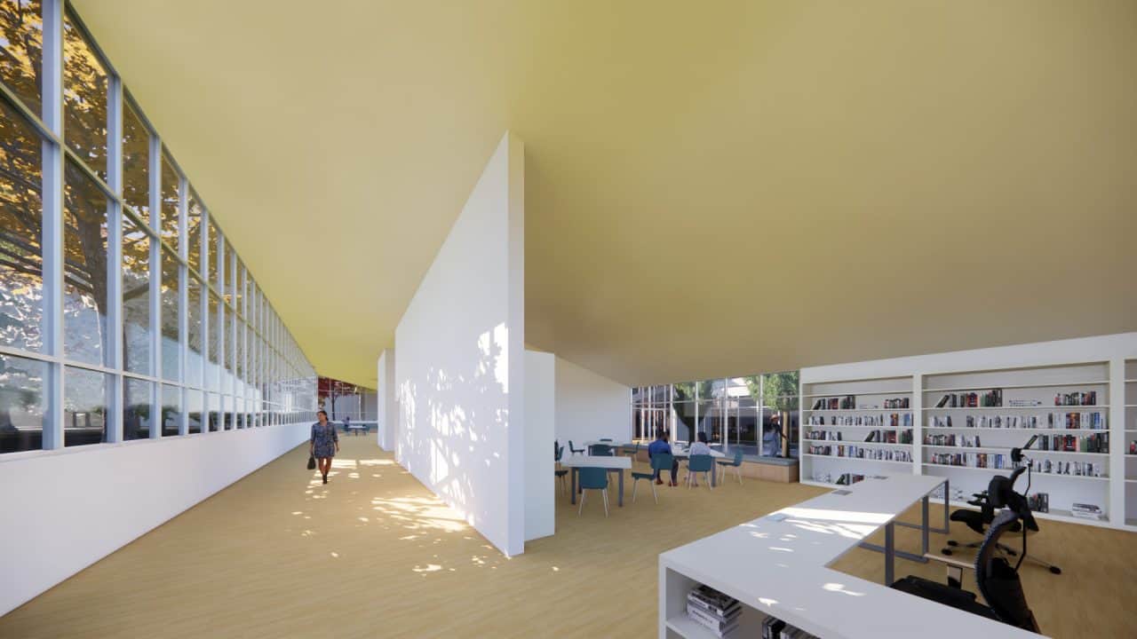 Fachada y patios interiores de la Biblioteca Leo Falicov en Bariloche.