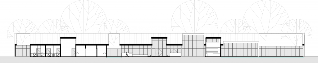 Biblioteca Leo Falicov, longitudinal section, rooms under the roof and relation to the surroundings