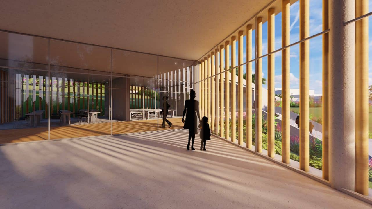Vista del Centro de Desarrollo Humano Pulmón Verde integrado al paisaje
