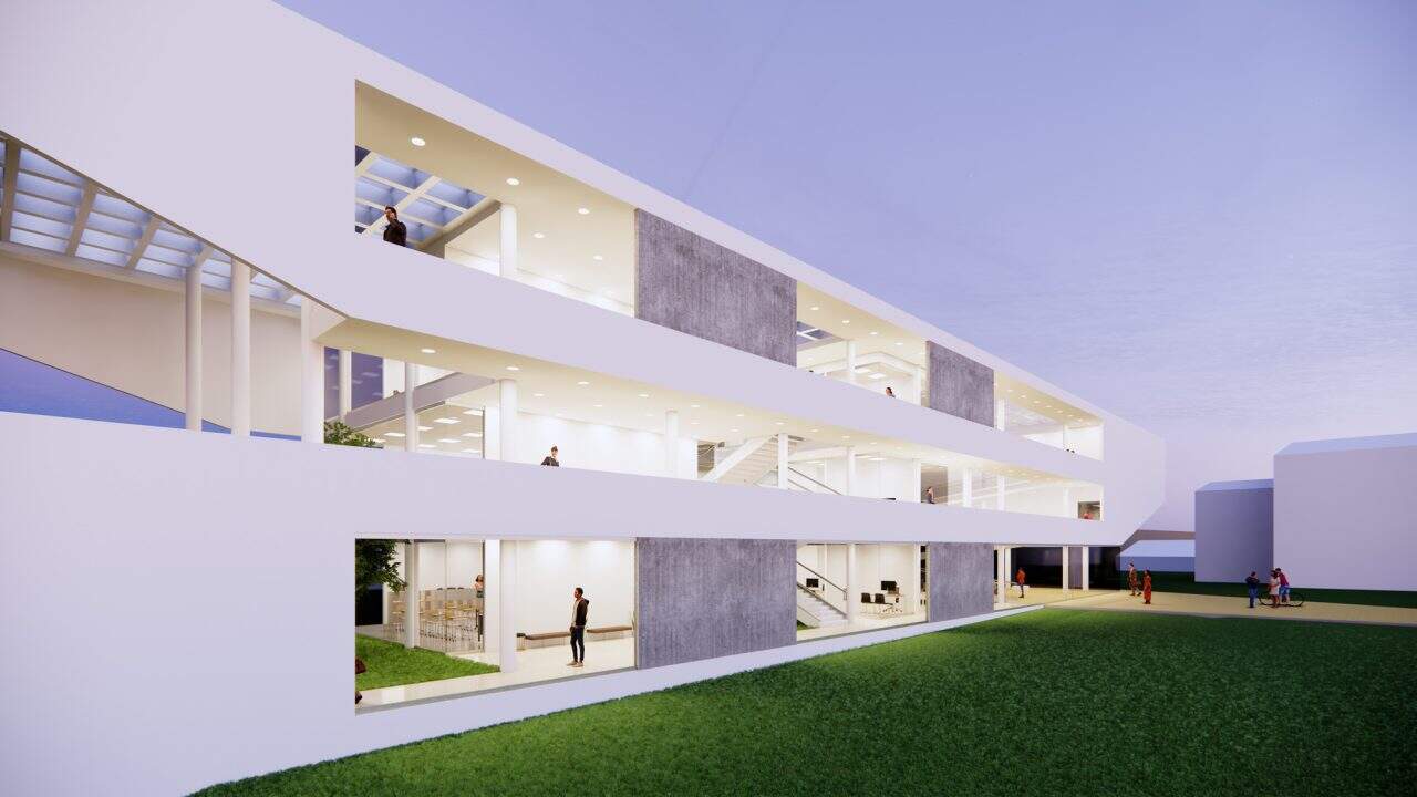 Vista exterior del Centro de Desarrollo Humano del Sur con terrazas, aulas y espacios abiertos accesibles.