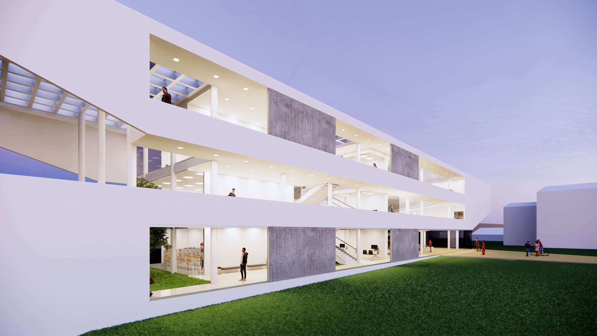 Vista exterior del Centro de Desarrollo Humano del Sur con terrazas, aulas y espacios abiertos accesibles.