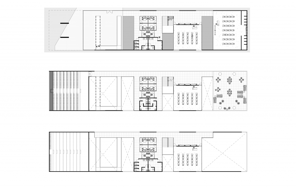 Centro de Desarrollo Humano del Sur, plans of the three levels, classrooms, workshops and common spaces