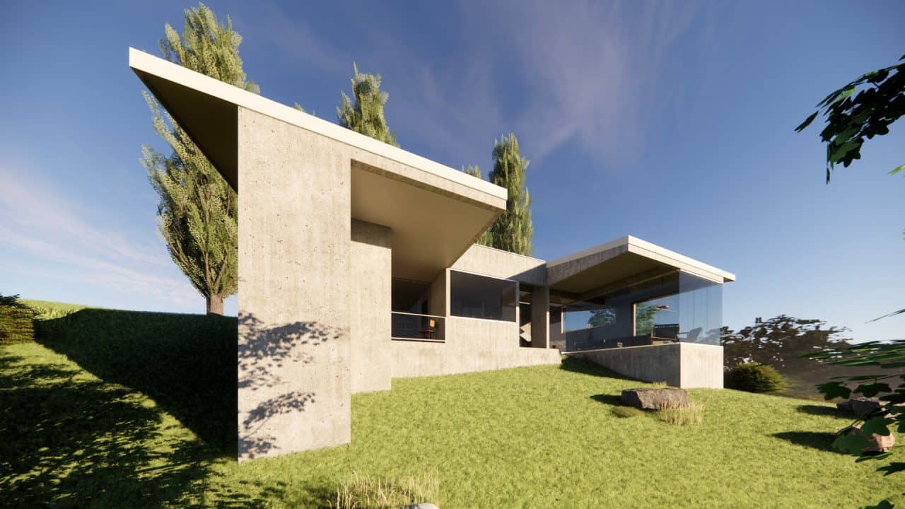 Vista de vivienda en pendiente con ventanales y conexión al bosque.