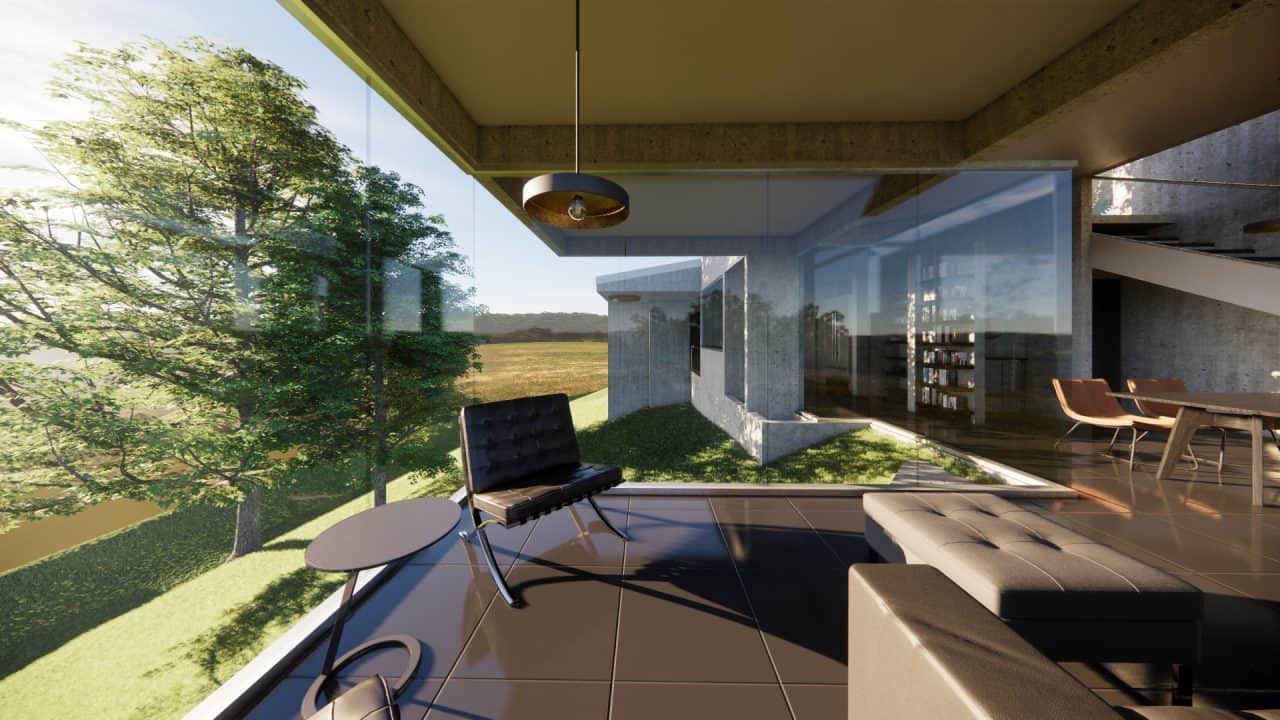 Vista de vivienda en pendiente con ventanales y conexión al bosque.