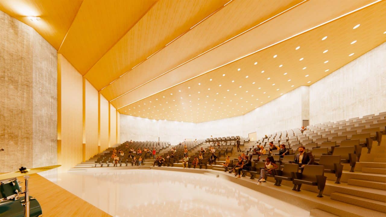 Vista del Centro de las Artes de Hatillo con teatro, biblioteca y plaza central.