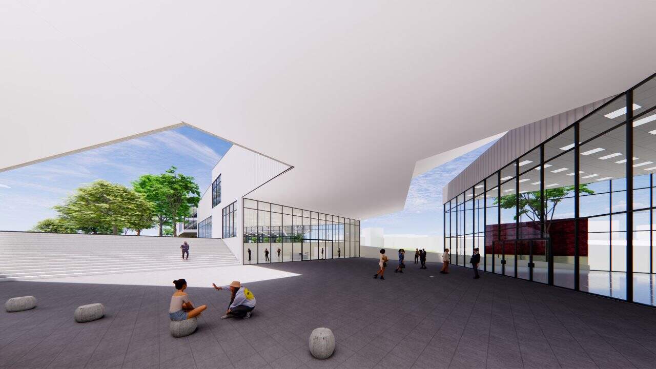 Vista del Centro de las Artes de Hatillo con teatro, biblioteca y plaza central.