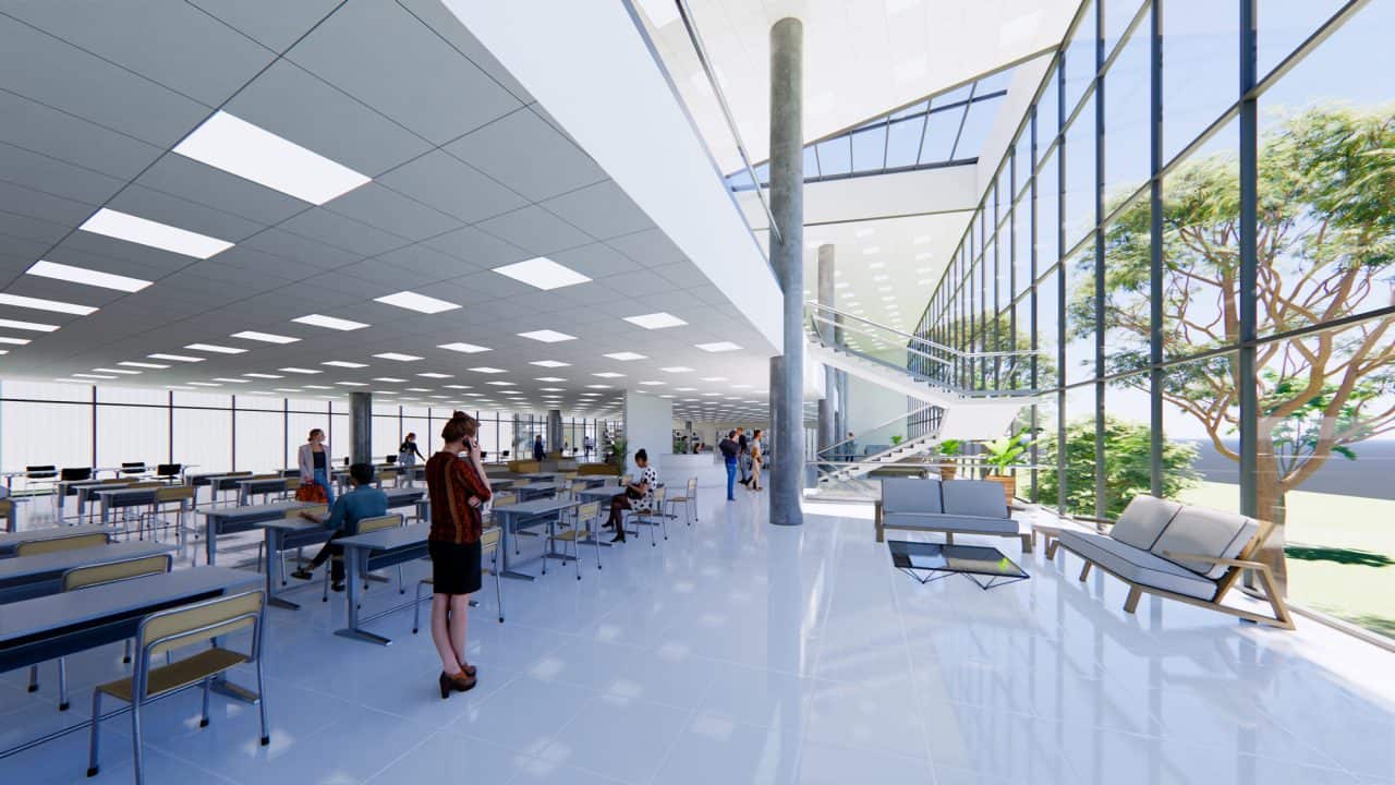 Vista del Centro de las Artes de Hatillo con teatro, biblioteca y plaza central.