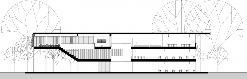 Colegio de Santiago, cross section, covered courtyard on the ground floor and relation to the forest
