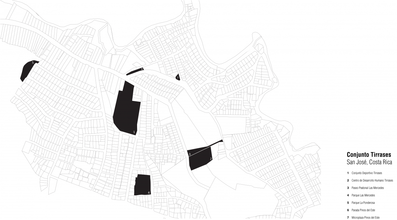 Vista del plan urbano en Tirrases con centros comunitarios y espacios públicos.