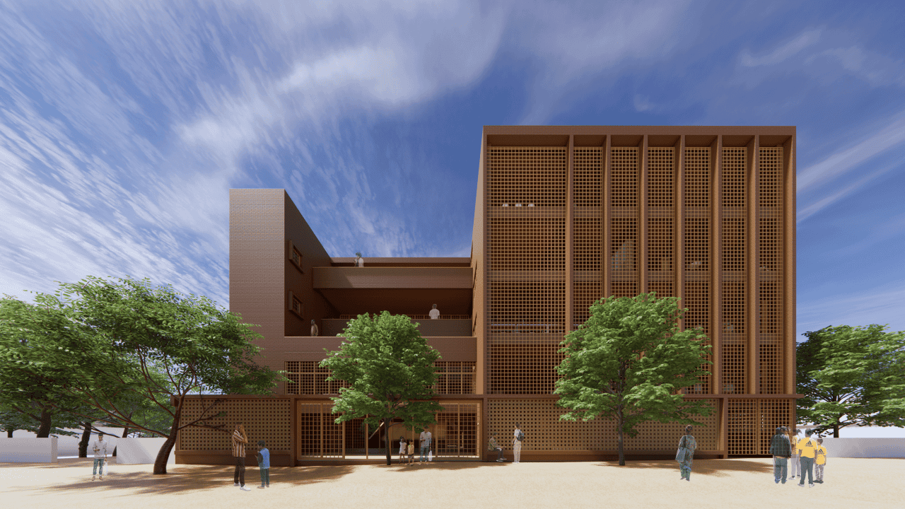 Vista del Centro Educativo Enko en Bamako, arquitectura escolar adaptada al clima y cultura local.