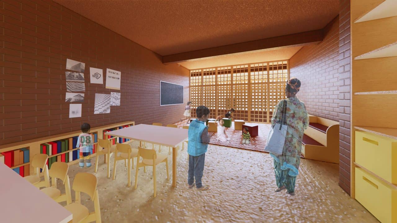 Vista del Centro Educativo Enko en Bamako, arquitectura escolar adaptada al clima y cultura local.