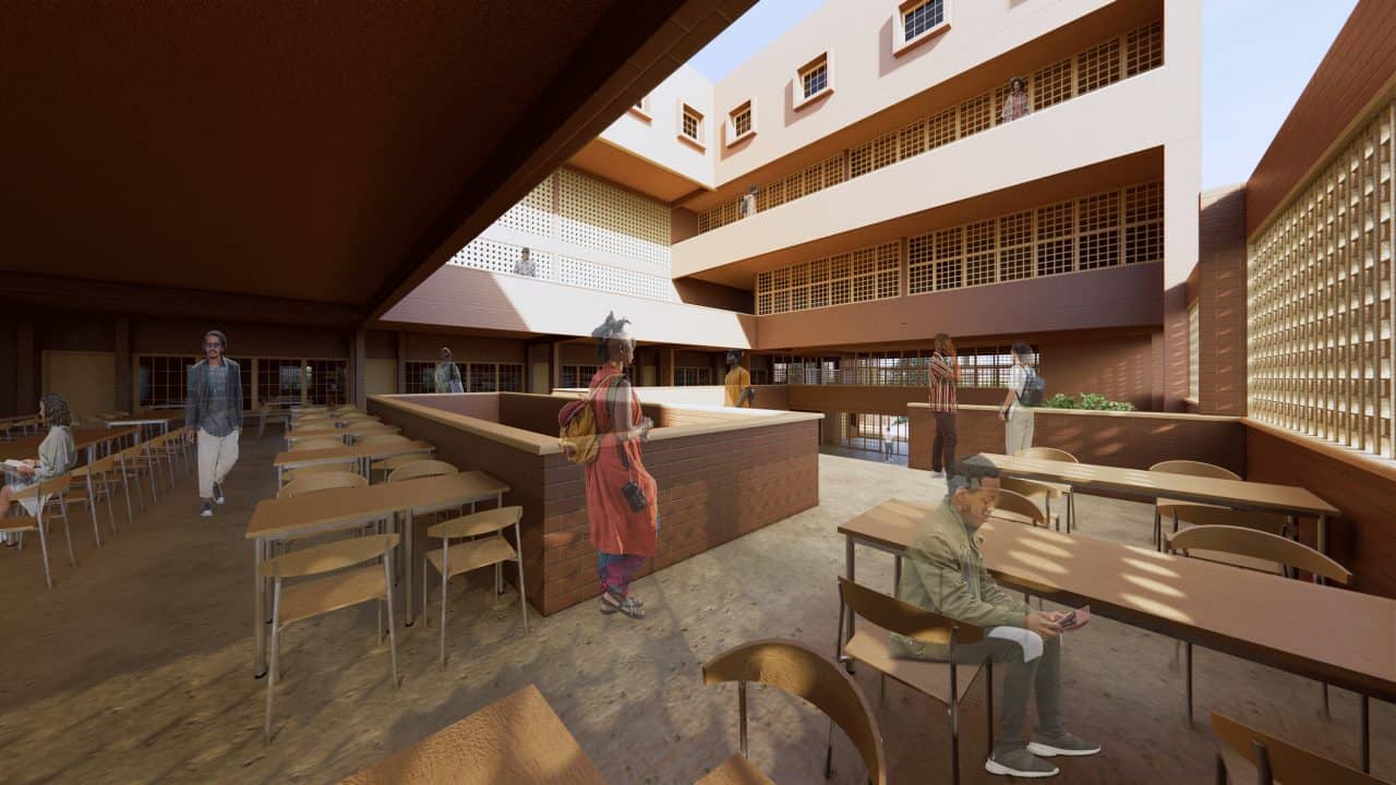 Vista del Centro Educativo Enko en Bamako, arquitectura escolar adaptada al clima y cultura local.