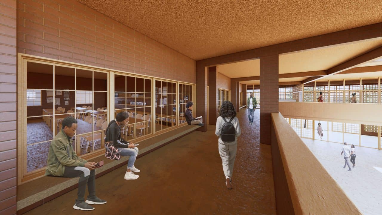 Vista del Centro Educativo Enko en Bamako, arquitectura escolar adaptada al clima y cultura local.