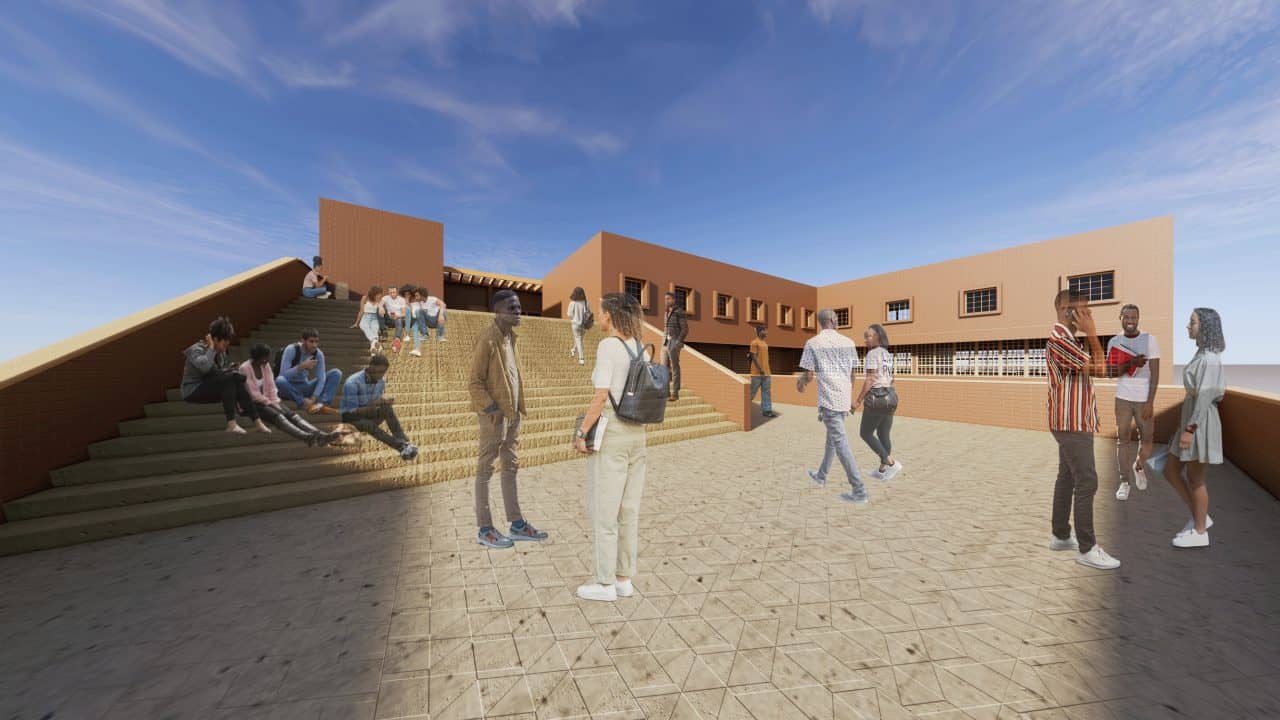 Vista del Centro Educativo Enko en Bamako, arquitectura escolar adaptada al clima y cultura local.
