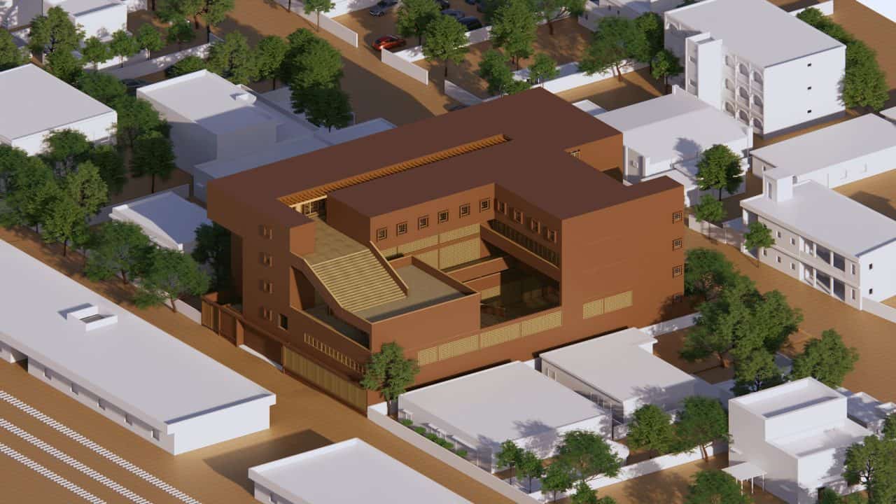 Vista del Centro Educativo Enko en Bamako, arquitectura escolar adaptada al clima y cultura local.