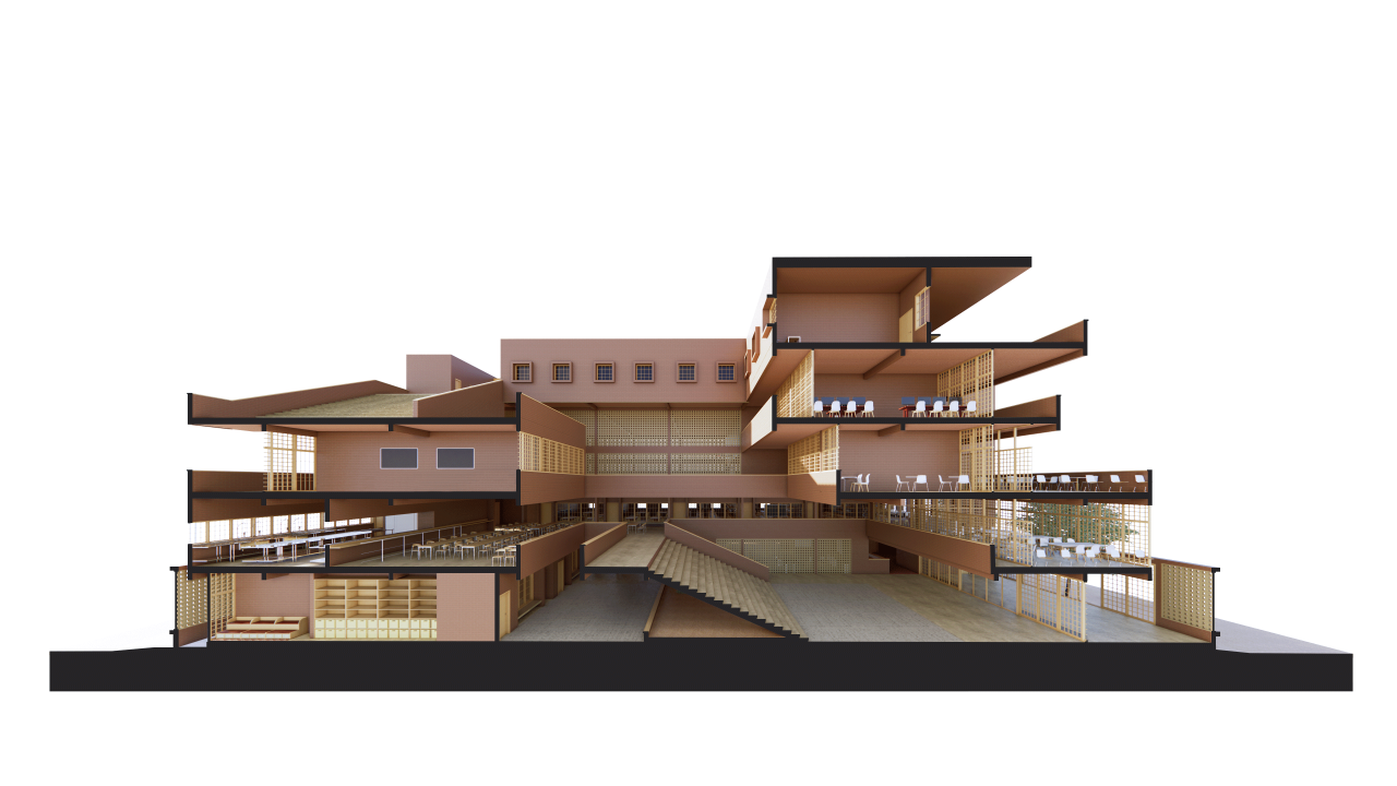 Vista del Centro Educativo Enko en Bamako, arquitectura escolar adaptada al clima y cultura local.