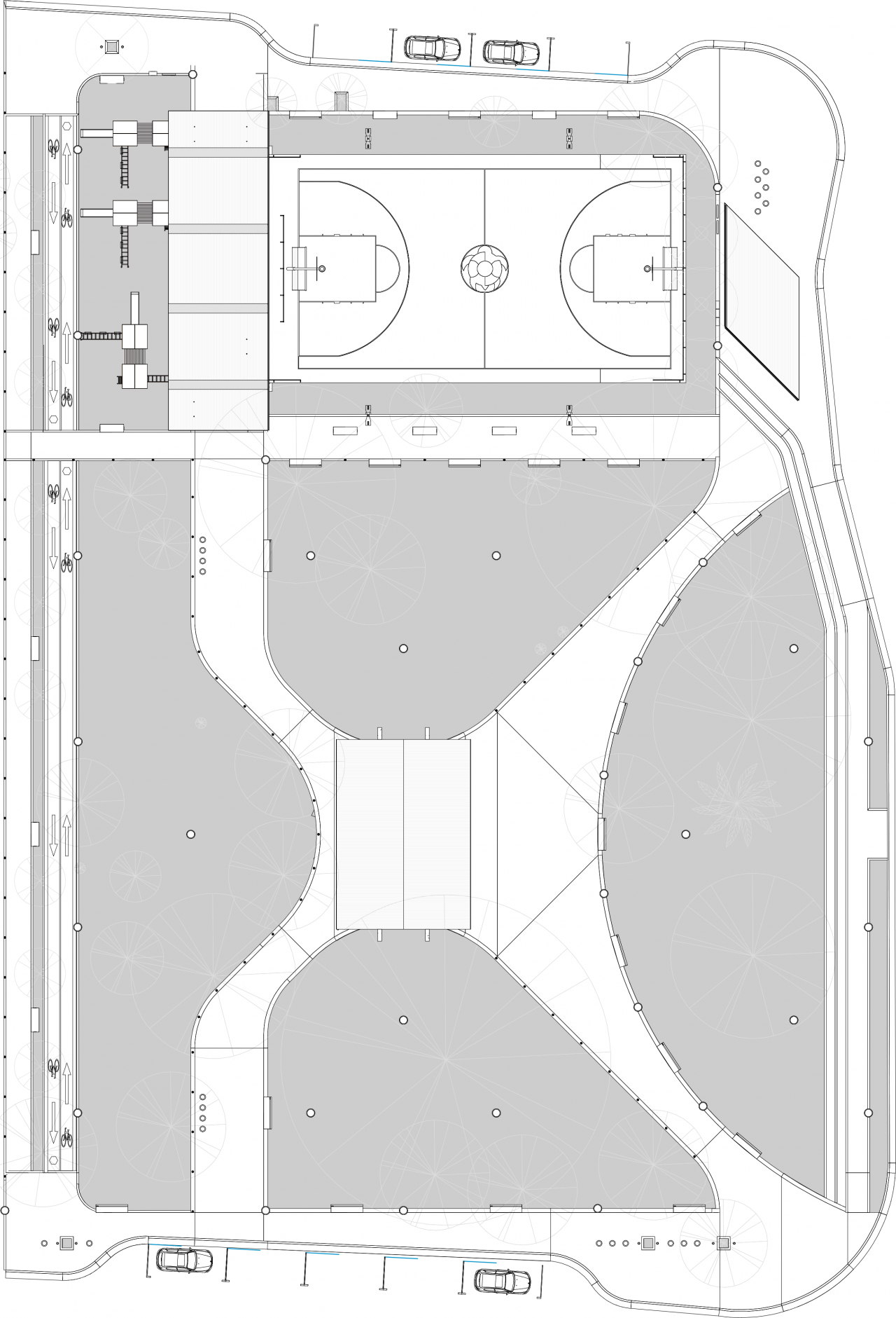 Vista del Parque Central Campo 5 con plaza, cancha cubierta y áreas verdes en la ruta a Tortuguero.