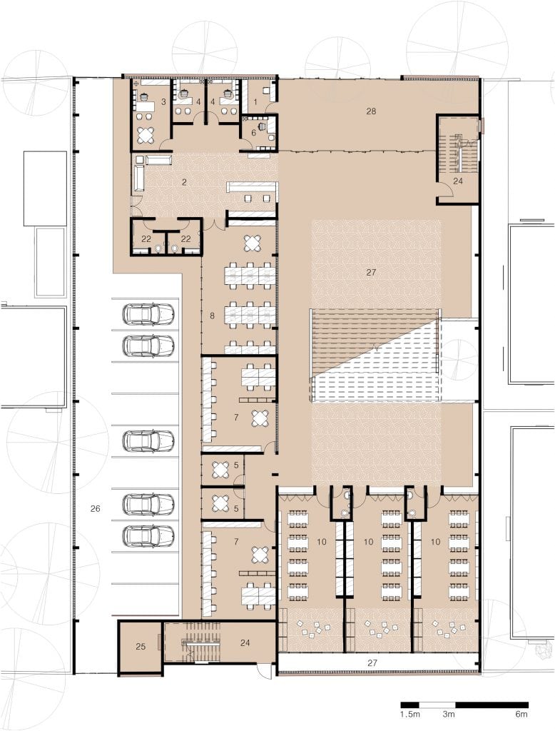 Enko educational center in Bamako, floor plans, classrooms, courtyard and circulation