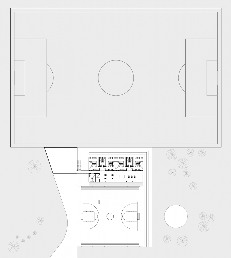Polideportivo de Sarapiquí, planta de conjunto, cancha de fútbol, gimnasio y zonas verdes