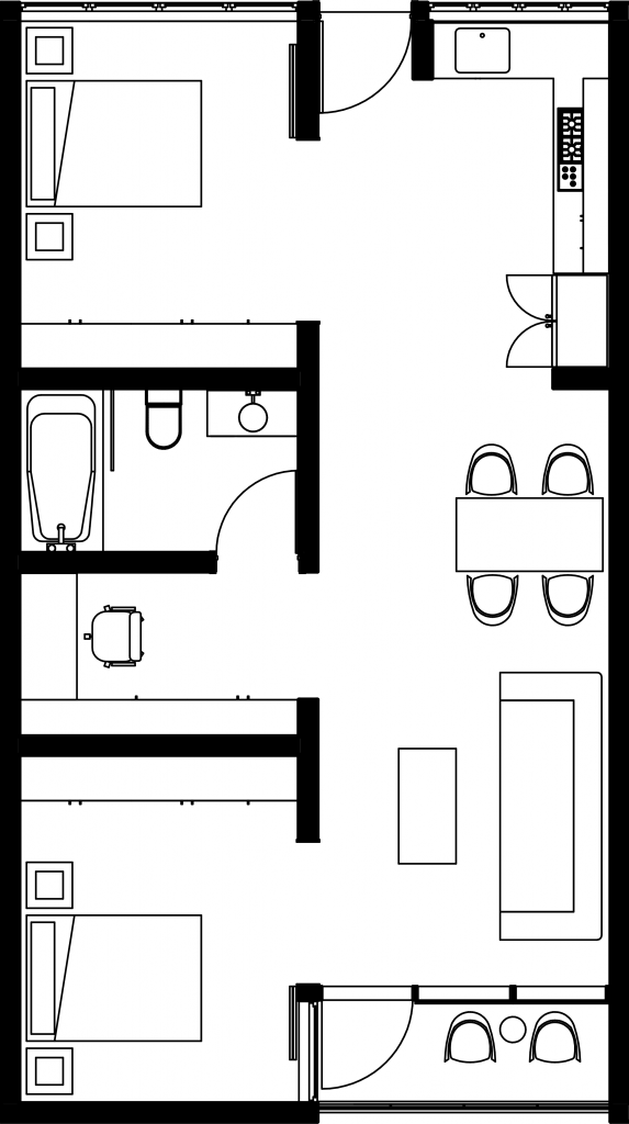 Edificio de viviendas en Talca, planta de la unidad habitacional, dos dormitorios, cocina y baño