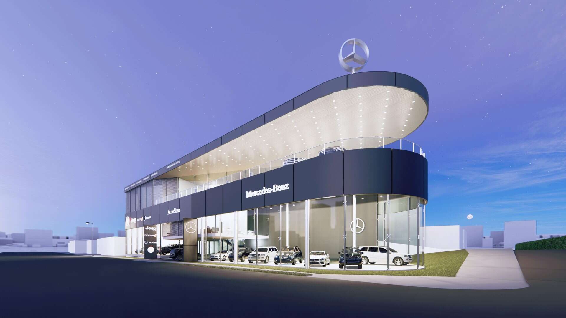 Vista exterior del edificio AutoStar Curridabat con su volumen contemporáneo y terrazas abiertas.