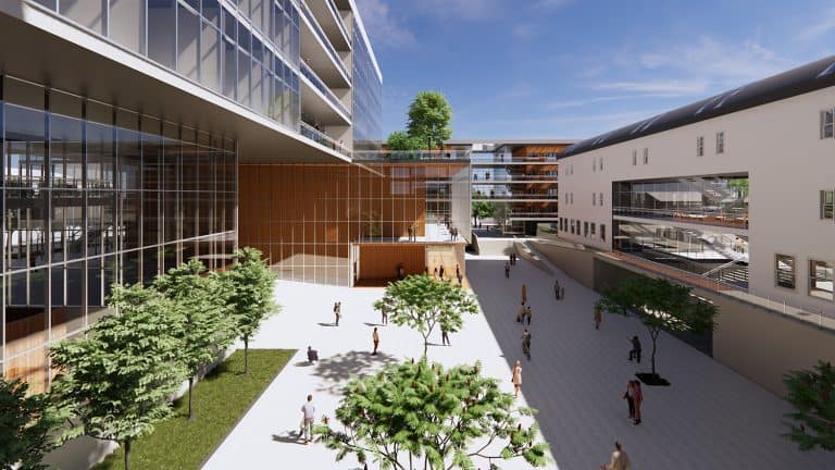 Render del Conjunto Cívico en Talca con plaza central, edificios públicos y conexión directa hacia la Alameda.