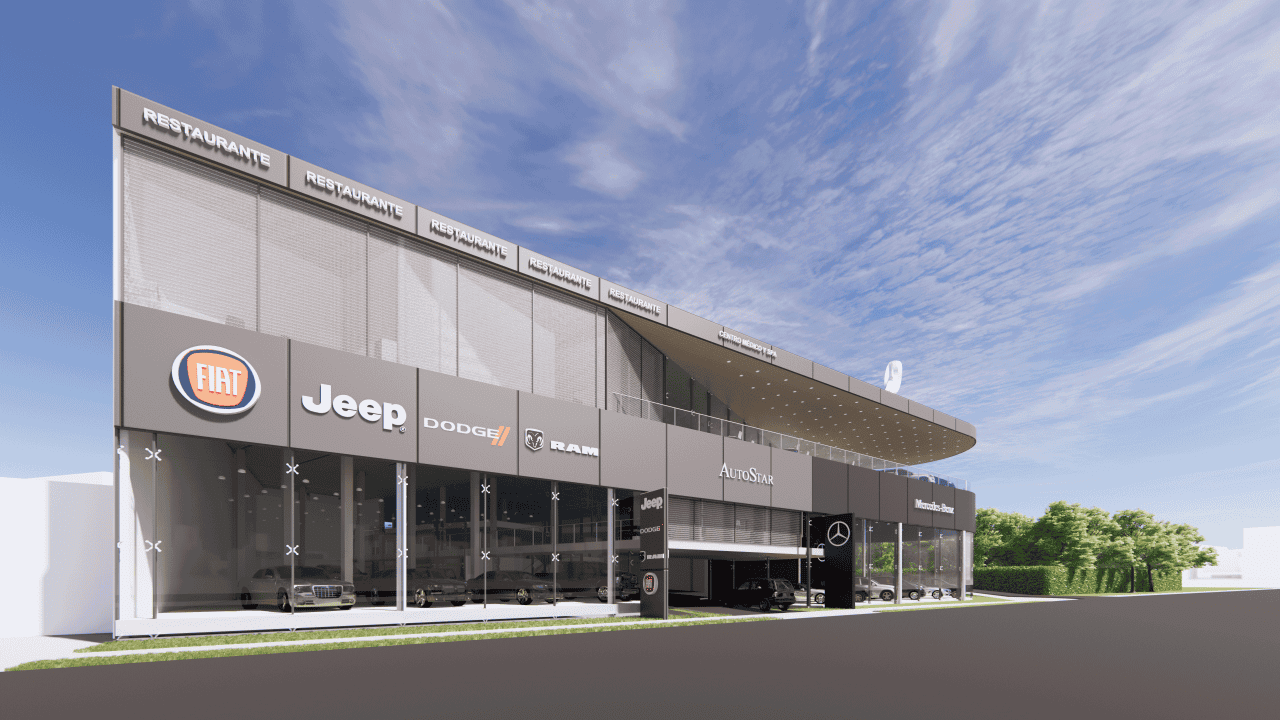 Vista exterior del edificio AutoStar Curridabat con su volumen contemporáneo y terrazas abiertas.