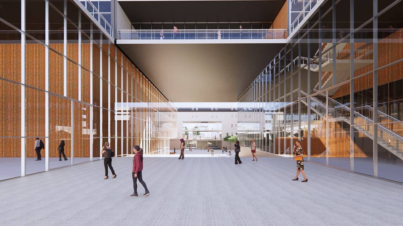 Render del Conjunto Cívico en Talca con plaza central, edificios públicos y conexión directa hacia la Alameda.