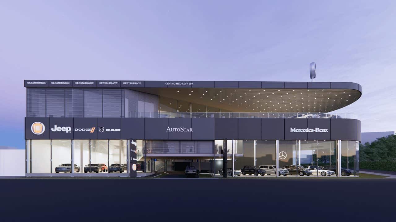 Vista exterior del edificio AutoStar Curridabat con su volumen contemporáneo y terrazas abiertas.