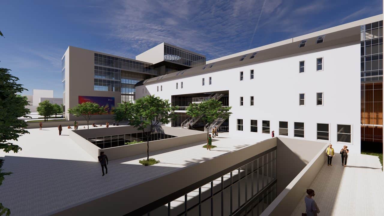 Render del Conjunto Cívico en Talca con plaza central, edificios públicos y conexión directa hacia la Alameda.