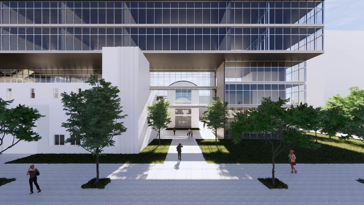 Render del Conjunto Cívico en Talca con plaza central, edificios públicos y conexión directa hacia la Alameda.