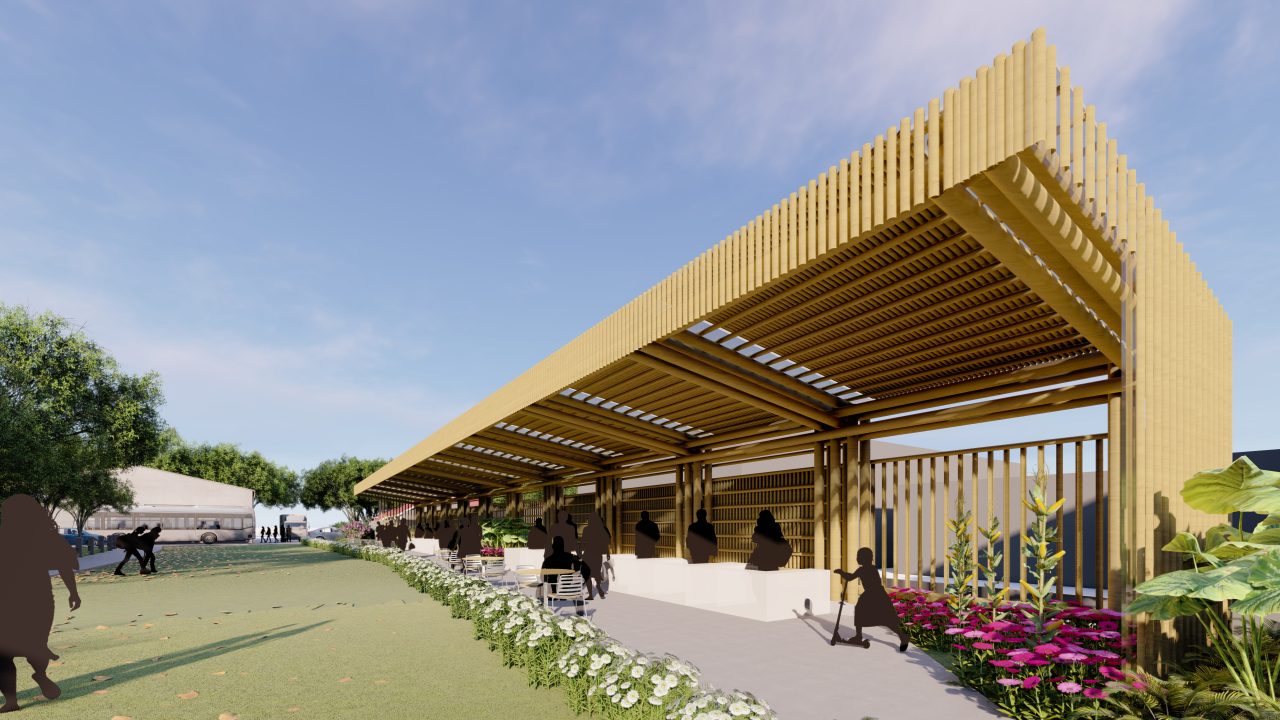 Vista del Mercado de Artesanos en Turrialba, estructura en bambú con cubierta ligera y abierta hacia la Antigua Estación del Ferrocarril.