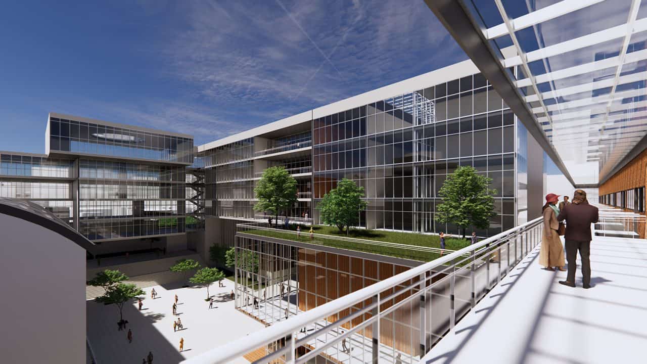 Render del Conjunto Cívico en Talca con plaza central, edificios públicos y conexión directa hacia la Alameda.