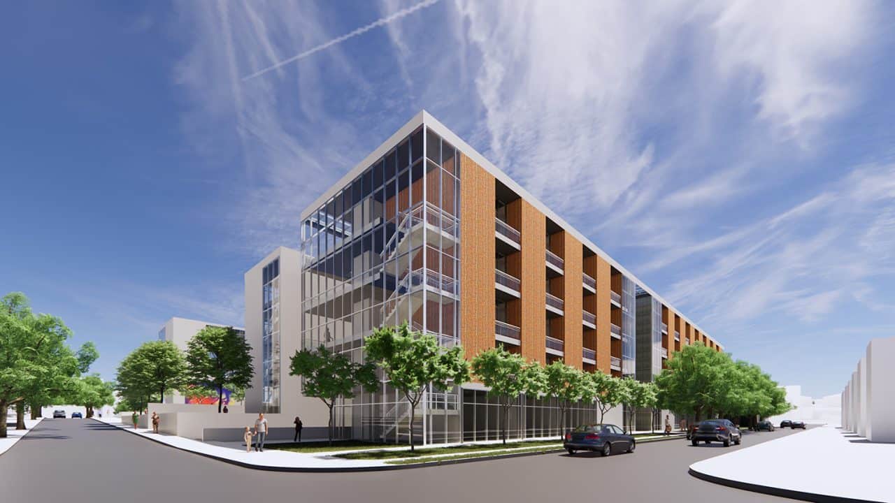 Render del Conjunto Cívico en Talca con plaza central, edificios públicos y conexión directa hacia la Alameda.