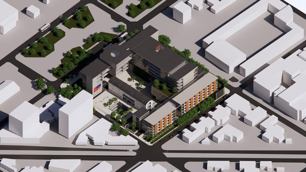 Centro Cívico de Talca, isométrico de contexto, el conjunto dentro de la trama urbana