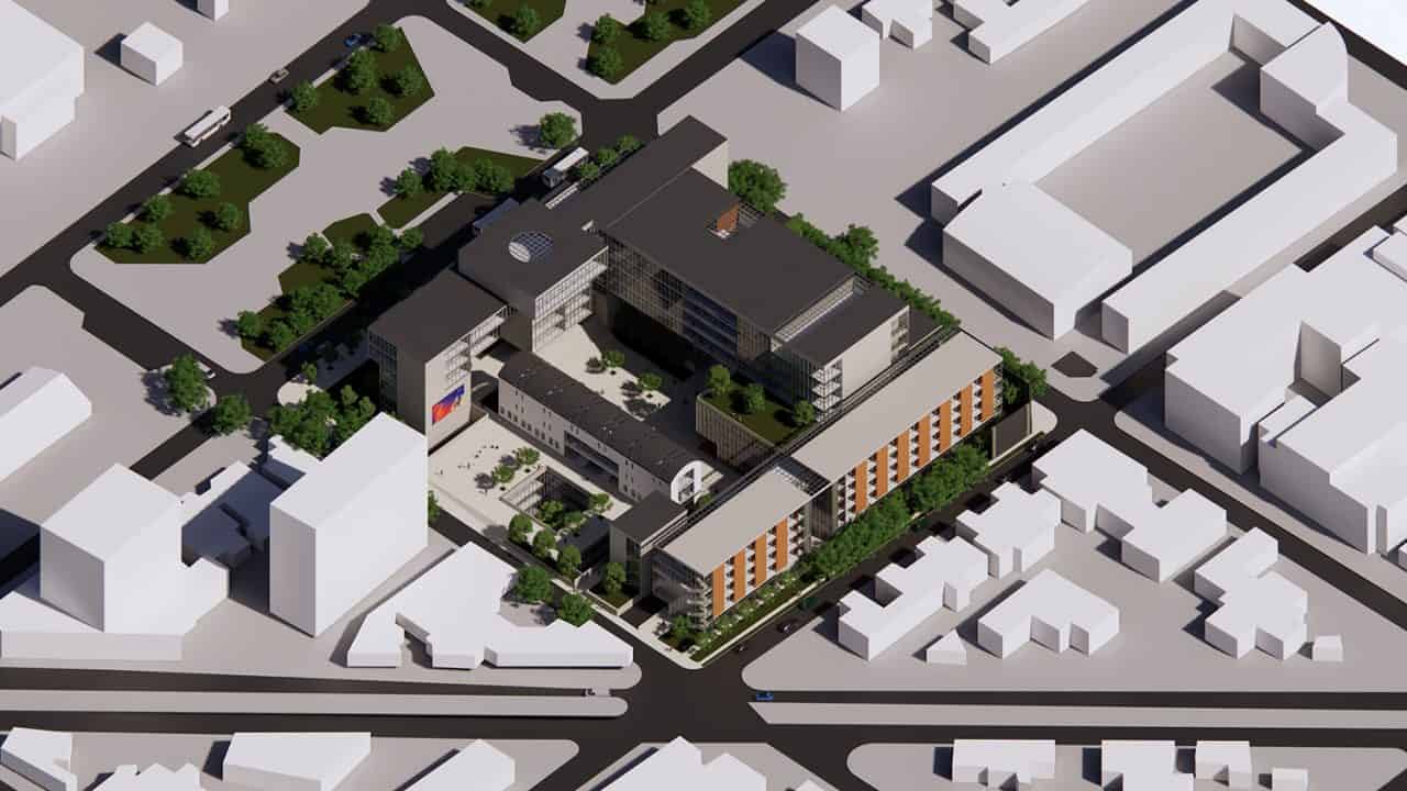 Render del Conjunto Cívico en Talca con plaza central, edificios públicos y conexión directa hacia la Alameda.
