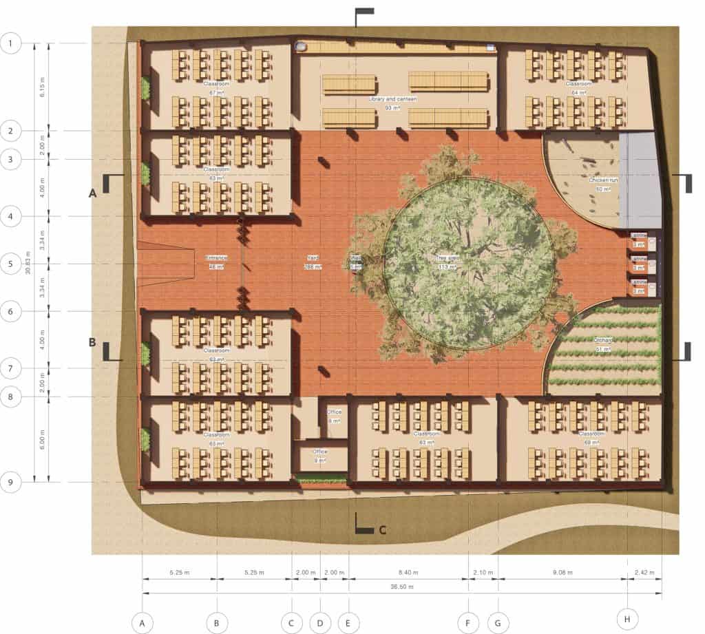 Primary school in Marsassoum, Senegal, floor plan, classrooms around the tree-lined central courtyard