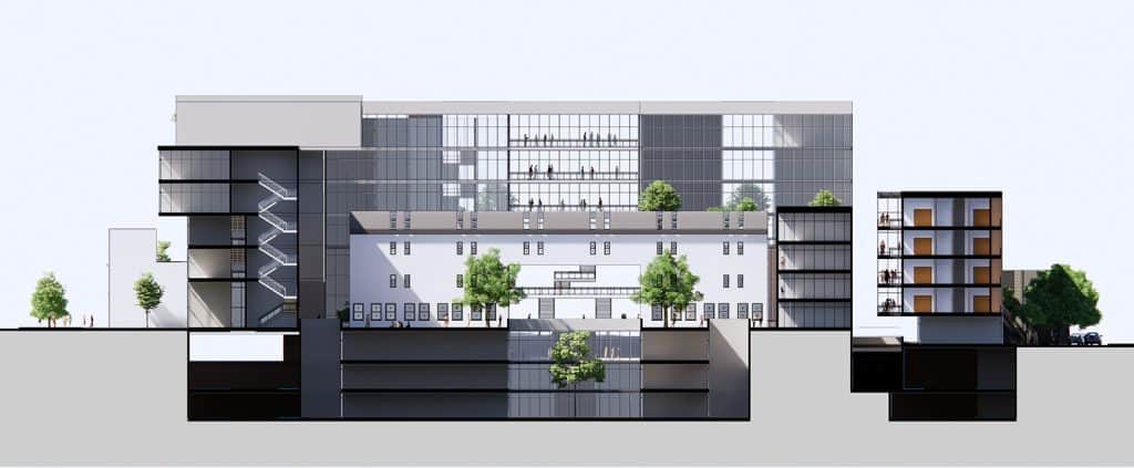 Centro Cívico de Talca, coupe, niveaux du bâtiment et place civique