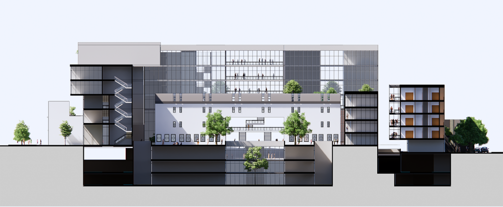 Centro Cívico de Talca, sección, niveles del edificio y plaza cívica