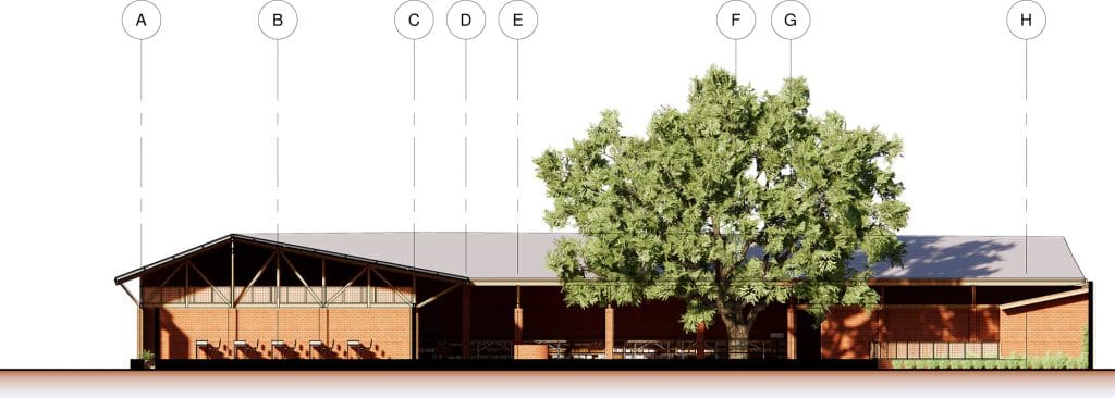 Primary school in Marsassoum, Senegal, longitudinal section, classrooms under the ventilated roof and the courtyard tree